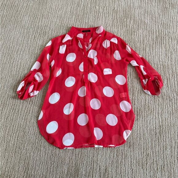 Xtaren Red Polka Dot 1/4 Button down Shirt with rolled sleeves - Picture 1 of 6